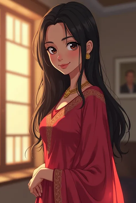 Anime image of ((Indian girl)), 20 year old, wearing (salwar) school dress, at home, seductive look 