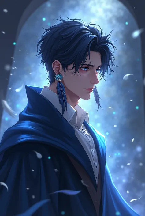 Very beautiful young man with a feather piercing that hangs in his ears and being a very powerful wizard who has an aura of magic around him like the animes 