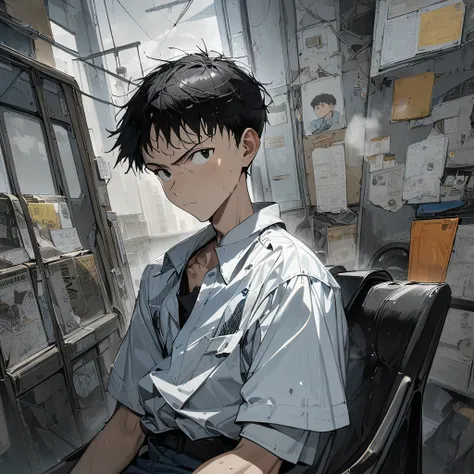 1 boy, Classifieds logo,  male focus , Shinji Ikari,  Neon Genesis Evangelion, Alone, Tasse  holding , sitting, on a chair,  holding , serious face,  looking at the observer, inside, Upper body,  kinematic angle, ( masterpiece), ( best quality ), ( ultra d...