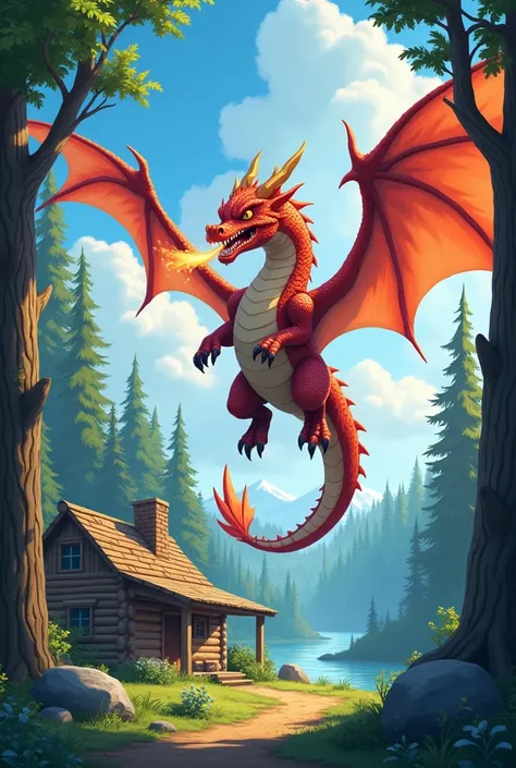  best quality, masterpiece, very aesthetic, newest, year_2024, year_2023, year_2022,solo,cel shading,outdoor,woods,dragon,log cabin,flying,breathing fire,dragon focus,no humans