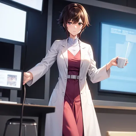 a cartoon of a woman in a lab coat holding a cup, with a lab coat, wearing lab coat and a blouse, as an anime character, (doctor), professor clothes, doctor, single character full body, wearing a labcoat, dressed in an old white coat, shinkai makoto, weari...