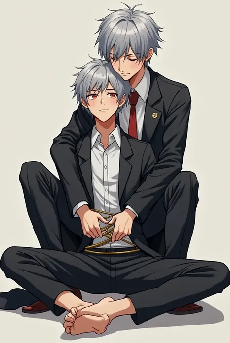 Square (1:1) Show a photorealistic depiction of a 19-year-old boy with short silver hair. He dons a tight long black jacket and a tight white school collar shirt, stretched on the floor. The second boy sits on his waist, tying him with flexible ropes while...