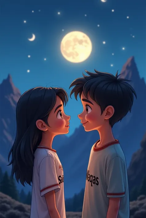 Girl looking On The Boys Face
Girl name on shirt “SALIHA”
Boy name On shirt “WAQAS”
Same characters 
Realistic Cartoon 
Background Night and moon is shining mountains