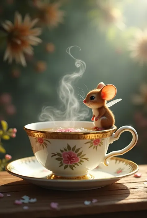 I want an image of a big teacup with smoke rising and a cute  sitting on it that looks realistic.