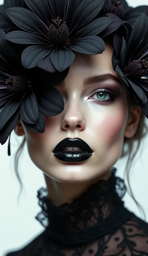 Here’s a detailed prompt for your request:

"Create a stunning, hyper-realistic portrait of an exceptionally gorgeous woman with bold, dark black lipstick, exuding a powerful and mysterious aura. Her features should be meticulously detailed, highlighting t...