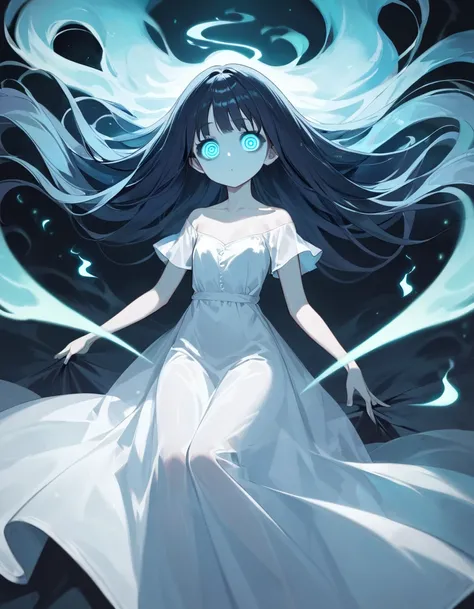 score_9, score_8_up, score_7_up,source_anime, high res image,masterpiece,best quality,girl,cute face,clear skin,shiny hair,ultra detailed eyes、flat chest、ghost costume, flowing white sheet, ethereal glow, hollow eyes, floating effect, ghostly whispers, tra...