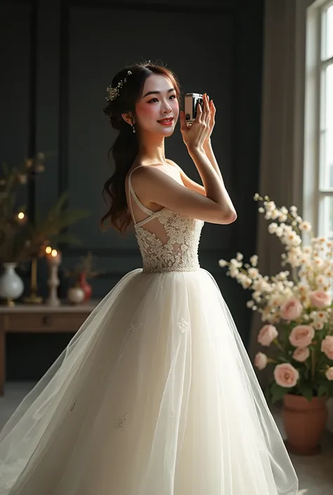 Close-up image of a beautiful girl taking a photo in a magical white wedding dress, studio lighting, super realistic, lightly made-up face, realistic skin texture, gently smiling, light from the window, decorative flowers, impressive black background