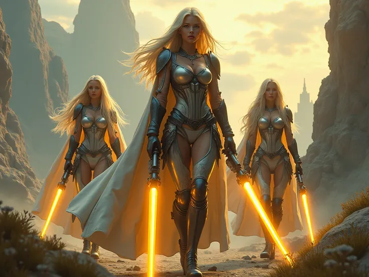 Realistic, Cinematic photo, create the character in an imaginative, surreal environment that feel artistic and out-of-the-box. Setting:   adorned with glowing runes. Freya Starfire a blonde works as a bounty hunter she is wearing futuristic armor corset wi...