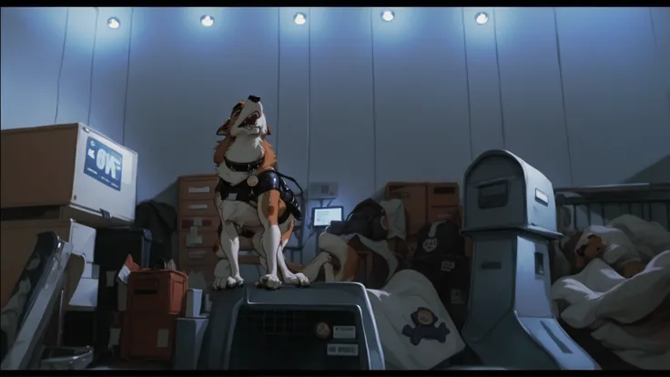 score_9, score_8_up, score_7_up, score_6_up, Anthropomorphic, furry beagle, wearing a black airport security sheet and an black leather collar with a badge, airport cargo room, barking 