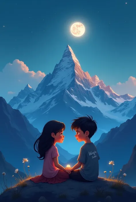 Girl looking On The Boys Face,boy sting on mountain gorl on his knees
Girl name on shirt “SALIHA”
Boy name On shirt “WAQAS”
Same characters 
Realistic Cartoon 
Background Night and moon is shining mountains