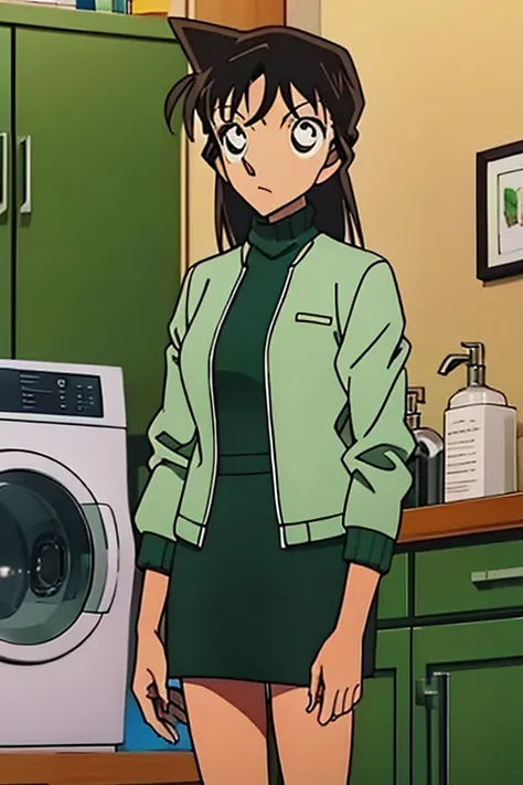 {{{mouri ran}}},{{{Detective Conan}}},{{{long hair}}},{{{official style}}},{{{adult}}},green dress one-piece dress,turtleneck green miniskirt, {light green cropped mini jacket},{light green cropped jacket},green socks,sink,laundry,kitchen,bringing upper bo...