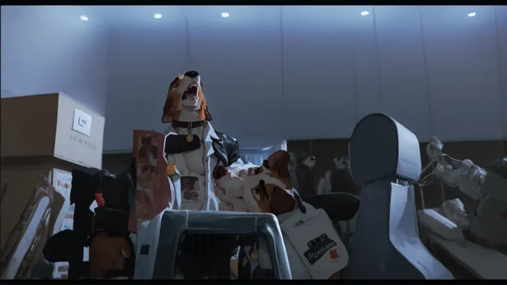 score_9, score_8_up, score_7_up, score_6_up, Anthropomorphic, furry beagle, wearing a black airport security sheet and an black leather collar with a badge, airport cargo room, barking 