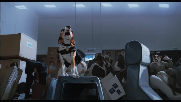 score_9, score_8_up, score_7_up, score_6_up, Anthropomorphic, furry beagle, wearing a black airport security sheet and an black leather collar with a badge, airport cargo room, barking 