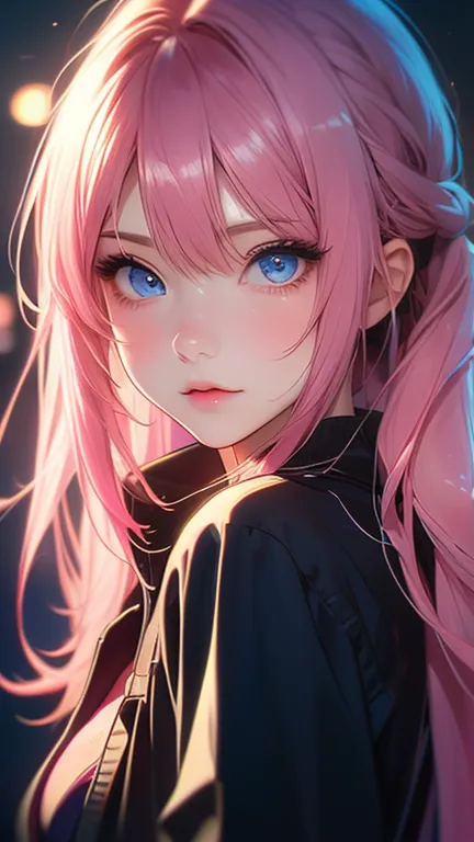 anime girl with pink hair, blue eyes, wearing a black jacket, an anime drawing by kamagurka, pixar, realism, cute anime girl por...