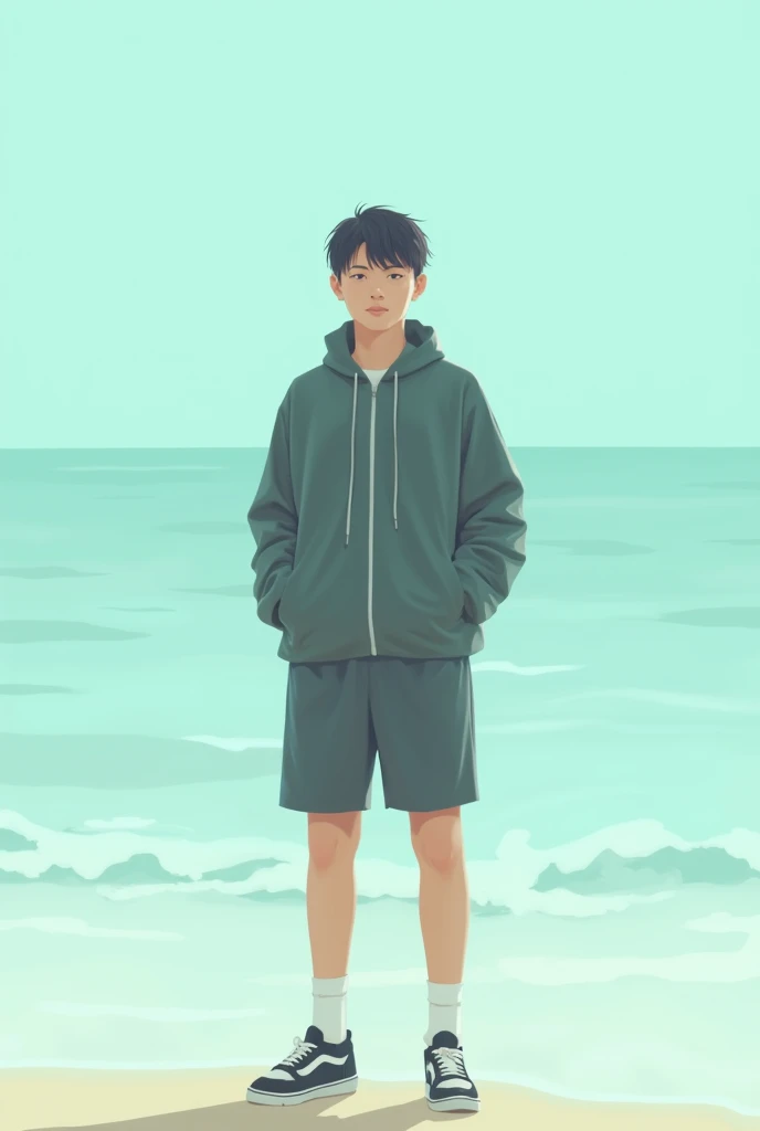 Create an artwork in the style of SeaArt featuring a person standing with a relaxed posture, hands in pockets, wearing a loose-fitting jacket, shorts, and sneakers. The person should have an undefined face to maintain anonymity. The color palette should in...