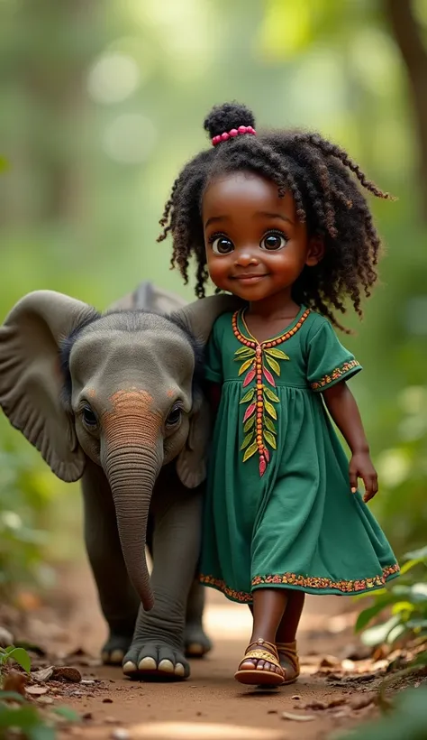 Une petite fille africaine d’un an, avec des tresses ornées de perles colorées et des joues roses, marche dans une forêt tropicale. Elle tient la patte d’un bébé éléphant dont la peau est parsemée de motifs colorés. La fillette porte une robe verte émeraud...