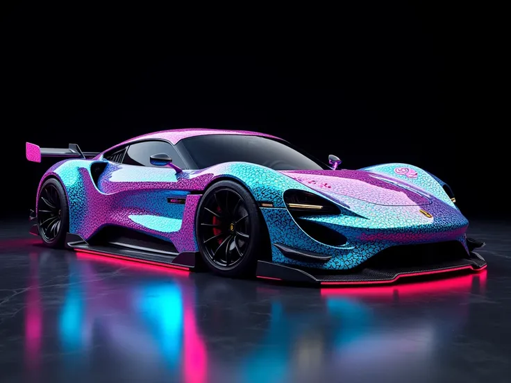 A dark neon metallic sports car with fat body kit and intrinsic weaving abstract body paint design