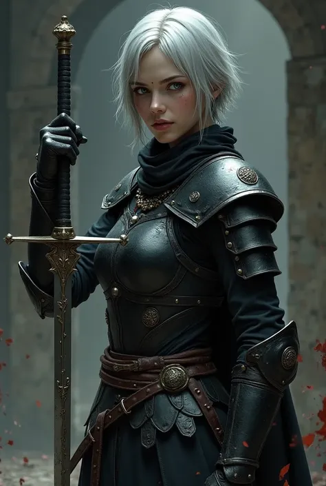 silver short hair　tattered black armor　Prisoner　Female Swordsman　
