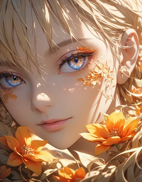 a beautiful blonde woman with flower petals in her eyes, cinematic portrait, hyper-detailed, extremely realistic, photorealistic, 8k, high resolution, sharp focus, studio lighting, HDR, vivid colors, warm color tone, dramatic lighting, intricate details, d...