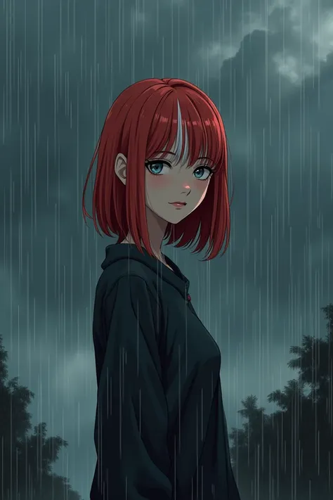 Style manga Fille de 20 ans cheveux roux long avec mèche blanche regard triste sous la pluie avec des orages 