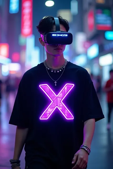 The handsome young kpop idol man has a mysterious personality, wearing VR glasses with glowing lights inside as the letters SXR, walking in a cybercity, a futuristic world atmosphere, a futuristic world atmosphere. He wears a black T-shirt, a purple glowin...