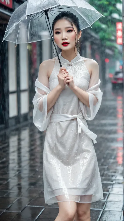 A beautiful Asian girl, porcelain white skin, high-end cosmetics, elegant dress, modern street in the rain. The photo creates a feeling of fluttering, loneliness in the cold rainy weather.