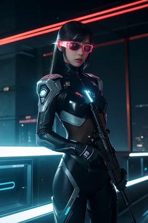 Create an image of a futuristic sci-fi character named ‘Amy Rise.’ She is a skilled sniper and intelligence agent with sleek, straight semi-long dark hair. Amy wears stylish augmented reality glasses with glowing lenses, designed for precision targeting an...