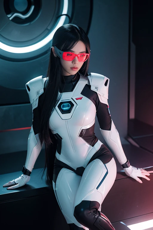 Create an image of a futuristic sci-fi character named ‘Amy Rise.’ She is a skilled sniper and intelligence agent with sleek, straight semi-long dark hair. Amy wears stylish augmented reality glasses with glowing lenses, designed for precision targeting an...