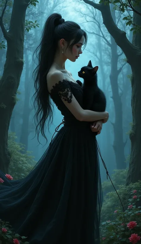 beautiful indonesian woman, ponytail hair, wearing halloween dress, standing in scary forest, holding a black cat in his chest, in a scary fantasy forest at night, ((detailled beautifull face)),