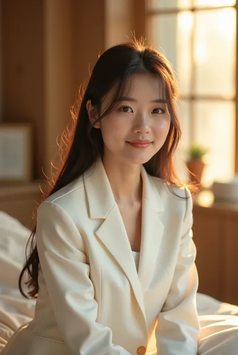 A Japanese girl wearing a thin white suit, sitting in beauty clinic. The warm evening light shines through the windows, creating a peaceful and inviting atmosphere. The girl has a subtle smile and looks very relaxed. The surrounding environment is serene a...