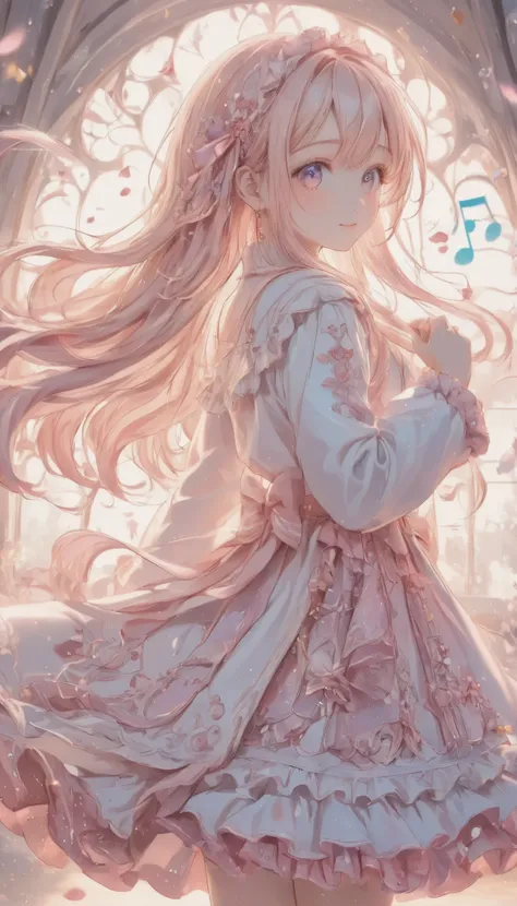 masterpiece, best quality, 8k, highres, ultra-detailed, HDR, UHD, pastel,
Low Fidelity (lofi) art style,
pastel pink and purple tones, illustration, best quality, 1girl, blonde hair, long hair, twin tails, red bow, music-themed outfit, musical note hair cl...