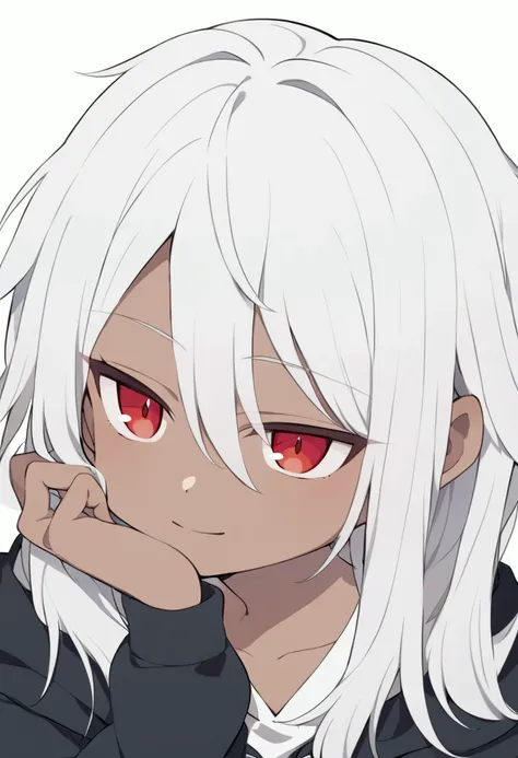 Anime style, 132 cm male with brown skin, very short height, feminine and petite frame, long & voluminous & plentiful & messy white hair, sheet of hair down to ankles, black hoodie & sweatpants, red eyes, calm evil thin smile, conniving, calm, hand propped...