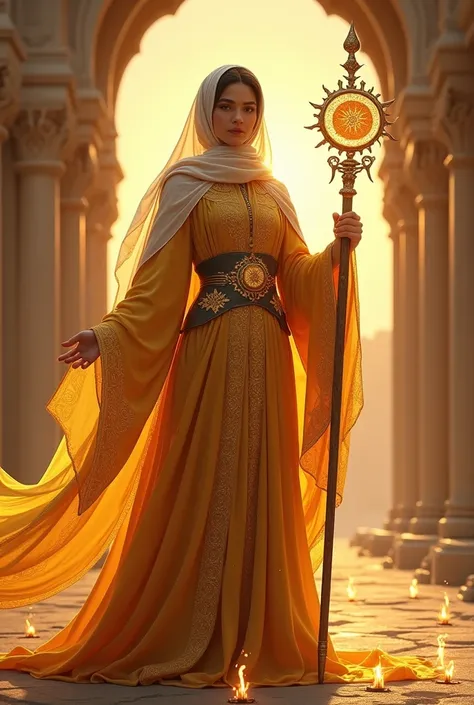 Hoorzad, a mystical Persian sorceress, embodies the essence of sunlight and ancient wisdom, seamlessly bridging the human realm with divine powers. She wears a regal, traditional Persian gown made from radiant, luxurious fabric, adorned with intricate gold...