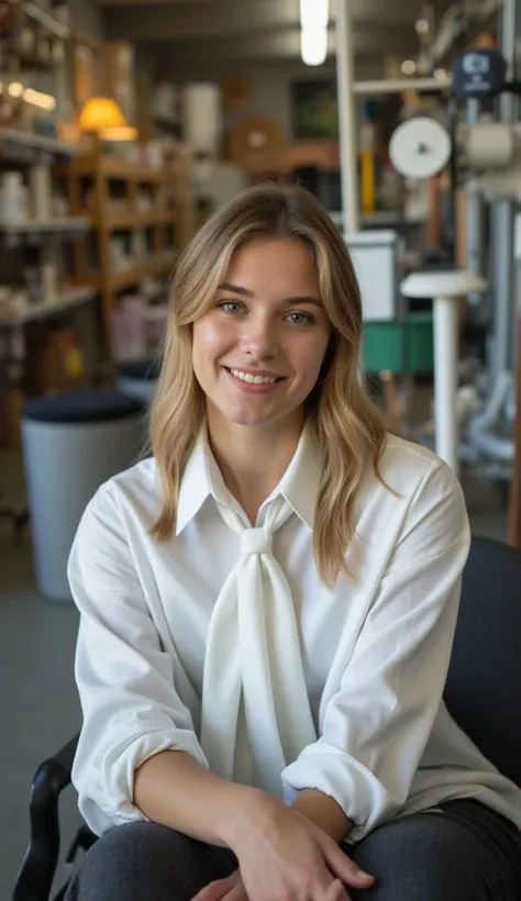 European woman about 25 years old in a white satin shirt and tie, sitting on a chair, against the background of a plumbing store, she smiles