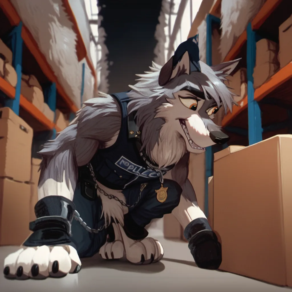 score_9, score_8_up, score_7_up, score_6_up, very long haired, anthro furry, wolf, wearing a black police vest, sniffling boxes,...