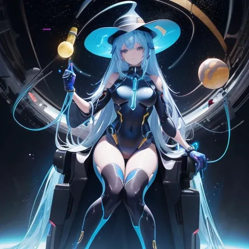 a drawing of a woman in a black outfit with a yellow hat and a blue ribbon, concept art inspired by Leng Mei, pixiv contest winner, space art, cyborg goddess in cosmos, this character has cryokinesis, powerful woman sitting in space, sky witch, cyber unive...