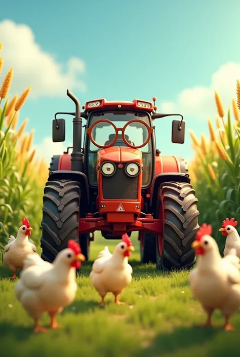 farming tractor with glasses, in front are a lot of cute chicken, wheed in the background