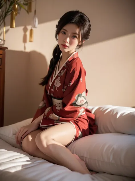 ((Prostitute))、Oiran、kimono、kimono、Long-sleeved kimono、(((Background Japanese Style Bedroom )))、castle town、( imaginary)、(((mattress)))、 cute、20 years old、Beauty、 best quality ,4K,8k, high definition ,masterpiece:1.2), super detailed,(((Realistic,photoReal...