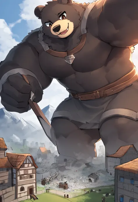  black bear ， personification ，stark，Medieval workers, blacksmith clothes。(Massiv:3.0, (  heavyweight,stark,Macro, Emphasize ))