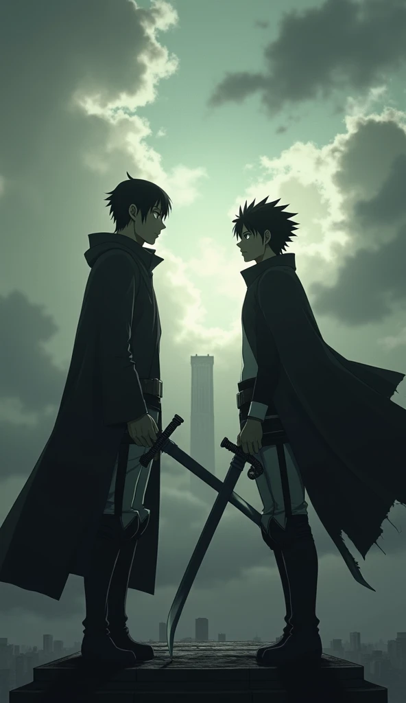 Levi Ackerman (Attack on Titan) & Sasuke Uchiha (Naruto)**
- **Image 1**: Levi and Sasuke stand on a rooftop, gazing at each other with fierce determination, the backdrop filled with towering walls and a dark sky.