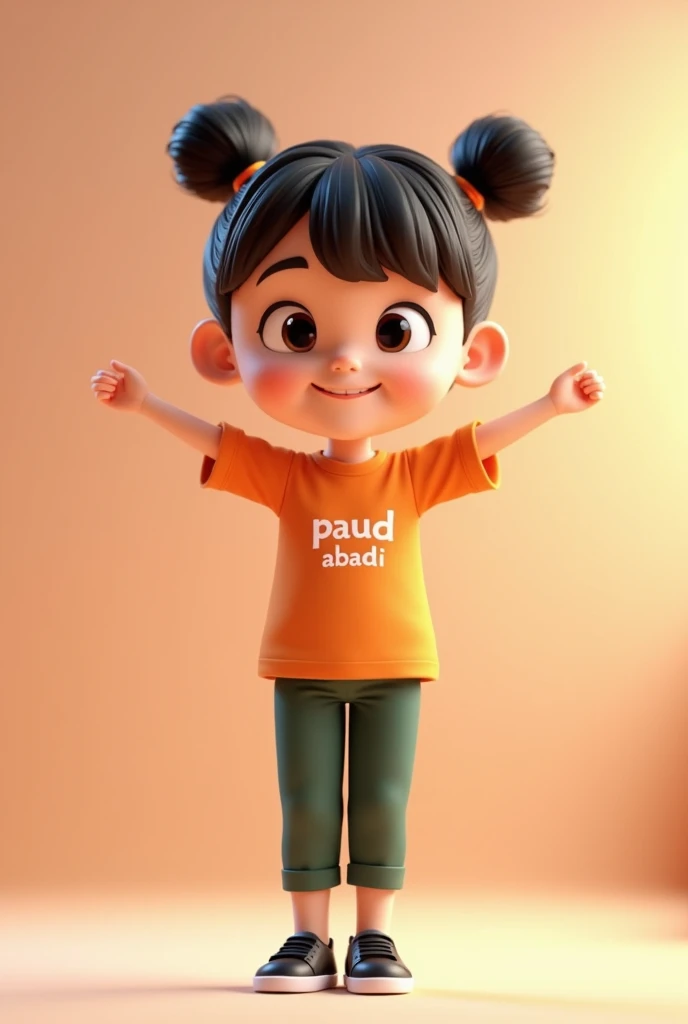 in the 3D animated image of a beautiful and adorable girl with her hair in two buns on top and bangs, wearing an orange long-sleeved t-shirt with the words "PAUD Abadi" on the front, dark green pants, and black sneakers. The style is 3D animation with a pa...