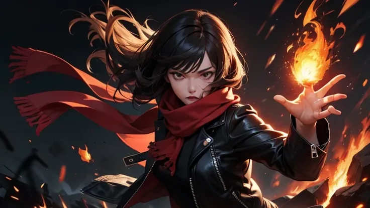 Dynamic pose, breaking flaming chains, powerful woman, black hair, black leather jacket, red scarf, anime style, fire sparks, dramatic lighting, dark background, glowing fire effects, windy hair and clothing