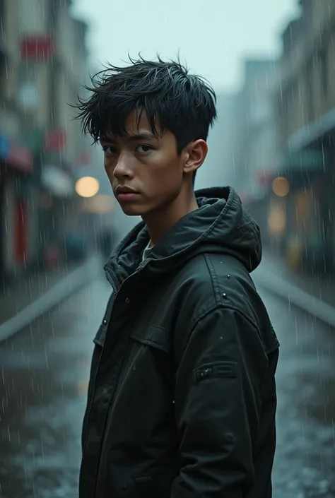 A 15-year-old boy standing in front of him in the rain