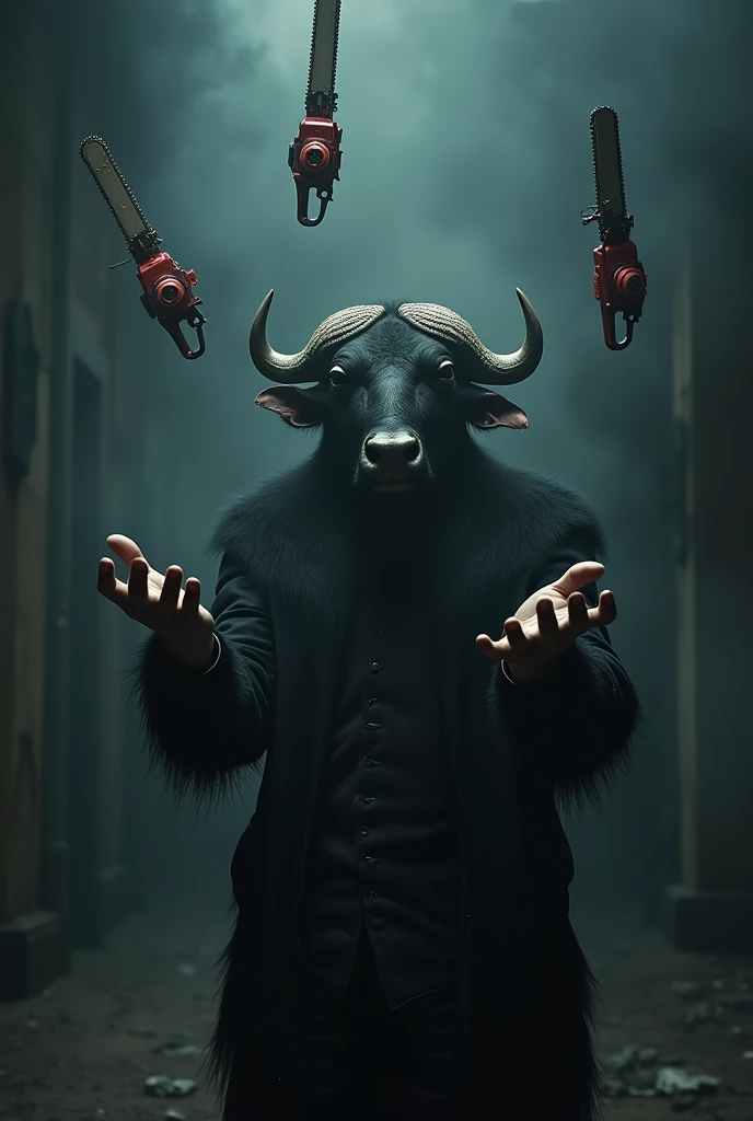 Goth man with a buffalo head who is juggling three chainsaws, the chainsaws are uprught floating in the air, his hands are ready to catch and throw