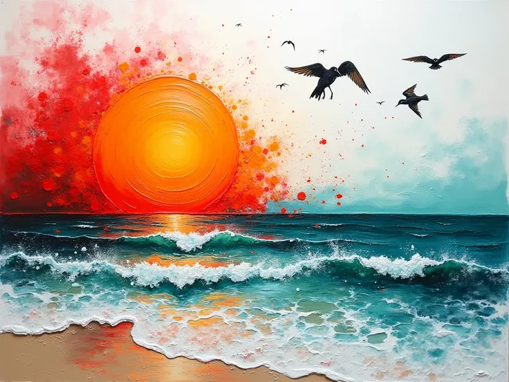 detailed rough impasto oil paining / seashore scene, red and orange color splashes and heavy brushstrokes transforming into semiabstract sun made from orange paint splashes and brushstrokes, ocean shore mage from aquamarine color splashes, birds from white...