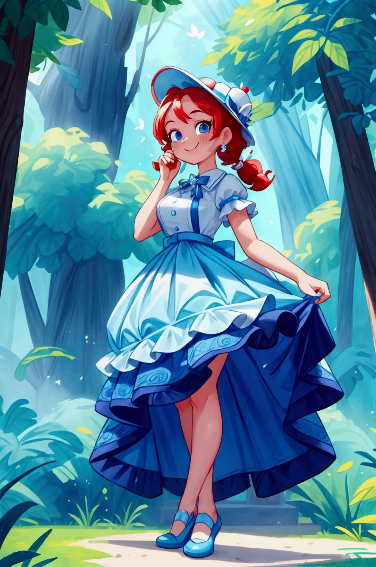 (masterpiece, best quality), 1girl, blue and white frill dress, red hair, two ponytails, cute face, blue eyes, standing, outdoor...