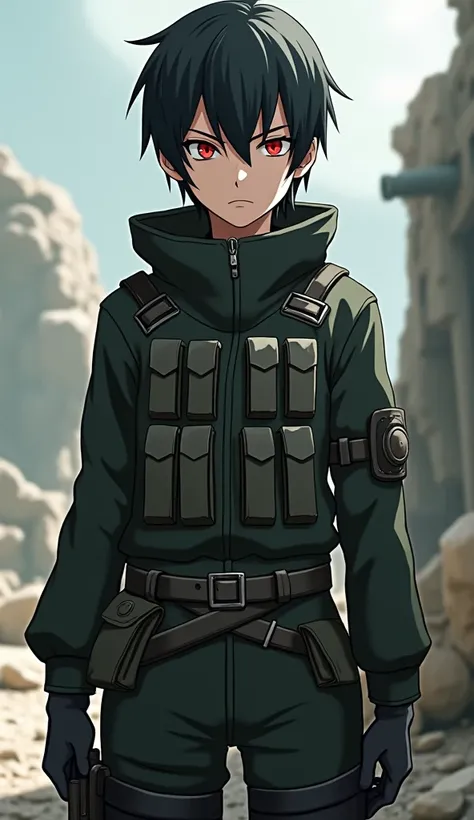 A character with Levi’s(Attack on Titan) short, dark hair and Sasuke’s(Naruto) Sharingan, dressed in a tactical outfit that combines elements of both characters’ styles, ready for combat.