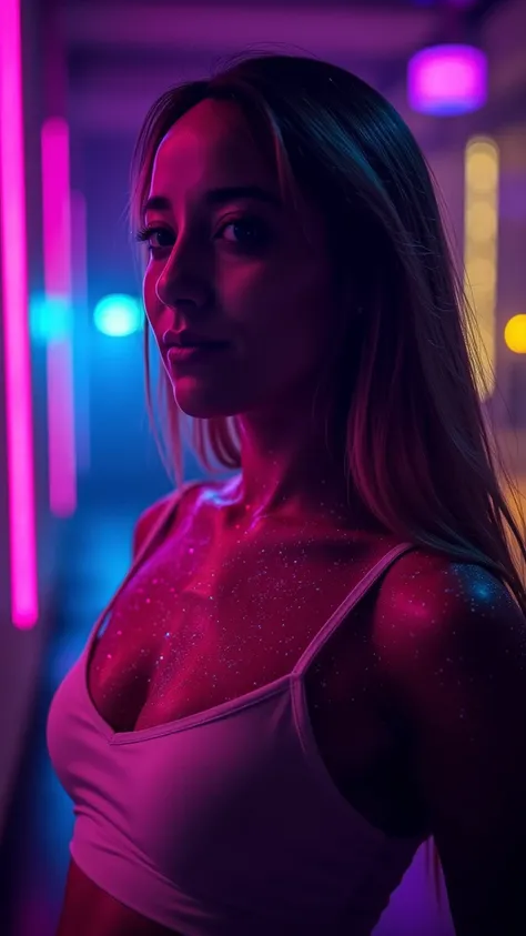 A stunning silhouette of a beautiful woman, medium shot focusing on her upper body. The background is illuminated with vibrant neon lights, blending colors like pink, blue, and purple. Her skin appears ethereal, adorned with glowing, sparkling particles. T...