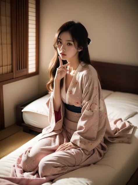 ((Prostitute))、((( Peace Era)))、(( Ancient Japan ))、Oiran、kimono、kimono、Long-sleeved kimono、(((Background Japanese Style Bedroom )))、castle town、( imaginary)、(((mattress)))、 cute、20 years old、Beauty、 best quality ,4K,8k, high definition ,masterpiece:1.2), ...