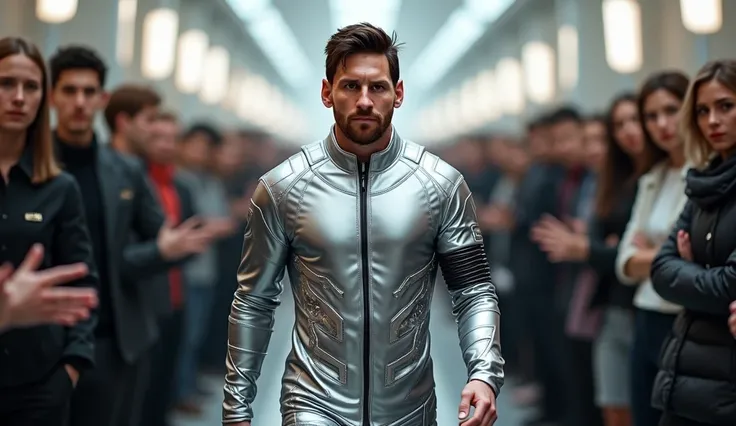 messi: messi camina decidido hacia la cámara, wearing a futuristic silver suit ,  with sporty details combined with touches of haute couture.  The audience on the sides observes him curiously ,  impressed by his unique look .
